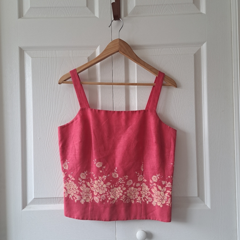 Ann Taylor Coral Floral Border Tank Top